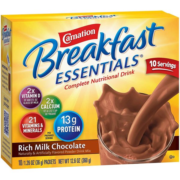 Nestle Healthcare Carnation Breakfast Essentials, 220 Calories, 36 Grams, Rich Milk Chocolate, Individual Packet, 9 oz Serving Size Hot on Sale